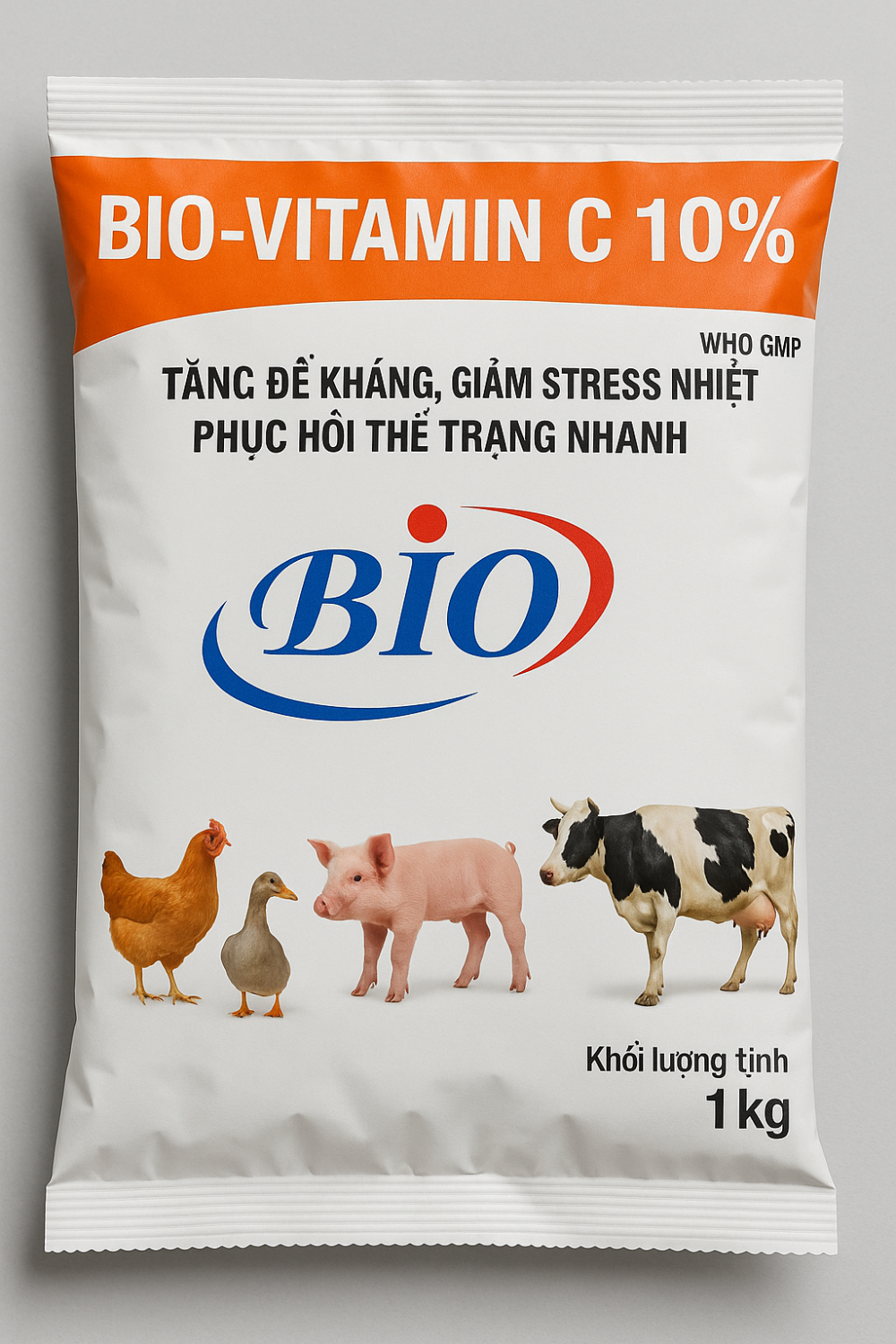 BIO VITAMIN C 10% (1KG)- giúp tăng sức đề kháng, giảm stress nhiệt và phục hồi nhanh thể trạng cho vật nuôi.